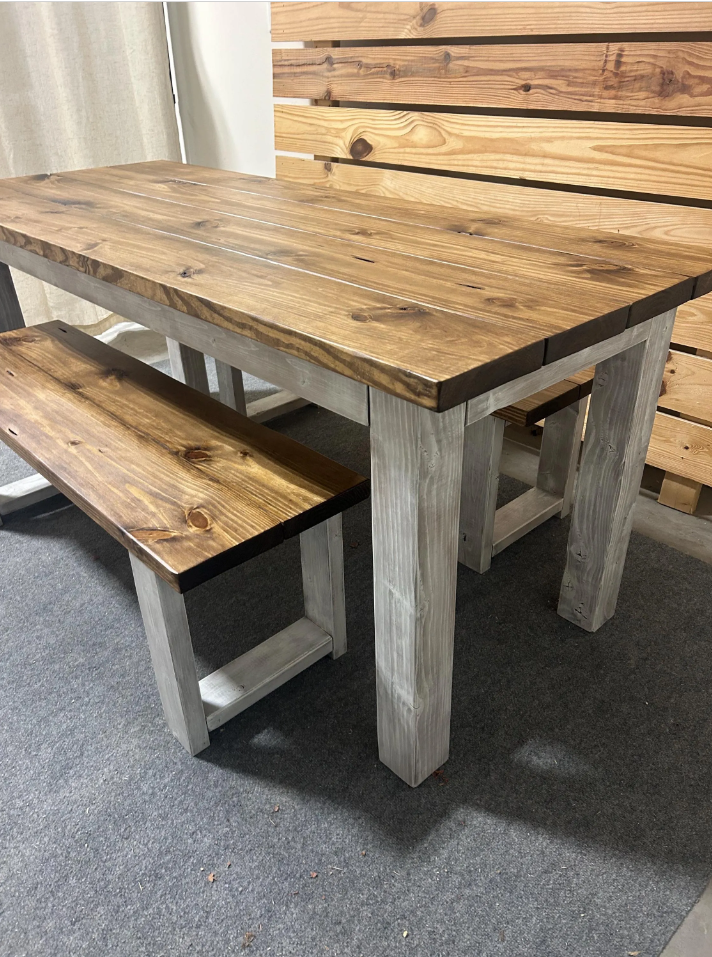 6ft Dining Table Set With Benches Rustic Farmhouse Feel Provincial Brown and Distressed White Narrow Kitchen or Dining Room Table