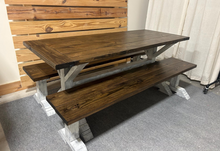 Load image into Gallery viewer, 6ft Classic Trestle Table With Benches (Dark Walnut, Distressed White Base)
