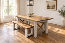 Load image into Gallery viewer, 6-Foot Classic X Style Farmhouse Table Set with Benches (Special Walnut, Distressed White)
