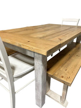 Load image into Gallery viewer, Farmhouse Dining Table with Benches and Chairs, Special Walnut, Dark Distressed Antique White, 5ft Kitchen Table Set
