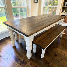 Load image into Gallery viewer, Handmade Chunky Leg Farmhouse Table with Benches: Dark Walnut &amp; Antique White Dining Set
