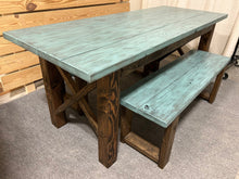 Load image into Gallery viewer, Narrow Farmhouse Dining Table - With Benches - Teal, Dark Walnut - Beach Décor Feel - Small Wooden Kitchen Table - X Design
