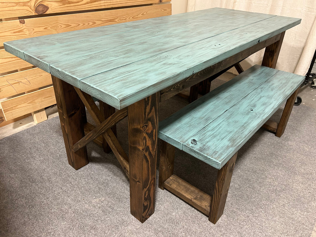 Narrow Farmhouse Dining Table - With Benches - Teal, Dark Walnut - Beach Décor Feel - Small Wooden Kitchen Table - X Design
