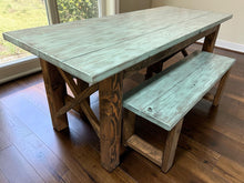 Load image into Gallery viewer, Narrow Farmhouse Dining Table - With Benches - Teal, Dark Walnut - Beach Décor Feel - Small Wooden Kitchen Table - X Design
