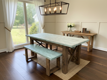 Load image into Gallery viewer, Narrow Farmhouse Dining Table - With Benches - Teal, Dark Walnut - Beach Décor Feel - Small Wooden Kitchen Table - X Design
