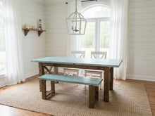 Load image into Gallery viewer, Narrow Farmhouse Dining Table - With Benches - Teal, Dark Walnut - Beach Décor Feel - Small Wooden Kitchen Table - X Design
