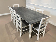 Load image into Gallery viewer, Farmhouse Table with Turned Legs, Chair Set Carbon Gray Whitewash Top and Antique White Base, Wooden Dining Table
