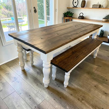 Load image into Gallery viewer, Handmade Chunky Leg Farmhouse Table with Benches: Dark Walnut &amp; Antique White Dining Set
