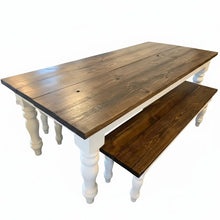 Load image into Gallery viewer, Handmade Chunky Leg Farmhouse Table with Benches: Dark Walnut &amp; Antique White Dining Set
