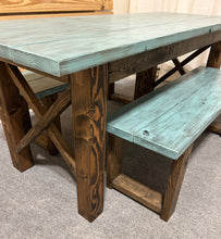 Load image into Gallery viewer, Narrow Farmhouse Dining Table - With Benches - Teal, Dark Walnut - Beach Décor Feel - Small Wooden Kitchen Table - X Design
