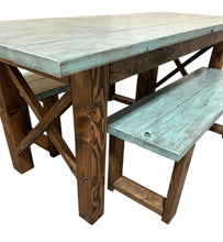 Load image into Gallery viewer, Narrow Farmhouse Dining Table - With Benches - Teal, Dark Walnut - Beach Décor Feel - Small Wooden Kitchen Table - X Design
