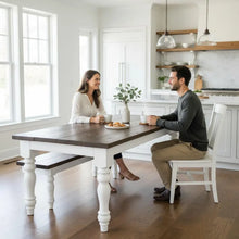 Load image into Gallery viewer, Handmade Chunky Leg Farmhouse Table with Benches: Dark Walnut &amp; Antique White Dining Set
