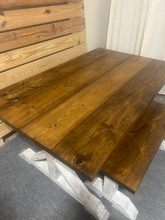 Load image into Gallery viewer, Rustic Farmhouse Pedestal Dining Set: Provincial Brown Stain, Antique White Distressed Base, Solid Wood, Bench Seating, Customizable

