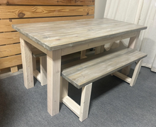 Load image into Gallery viewer, Small Dining Table Set with Table and Benches - Simply White and Gray White Wash - Wooden Kitchen Table Set
