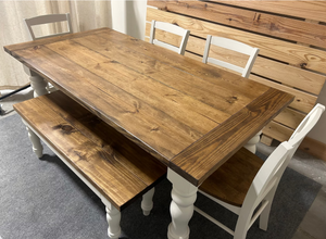 Rustic 6ft Farmhouse Table - With Bench and Chairs - Chunky Turned Legs - Provincial Brown and Antique White