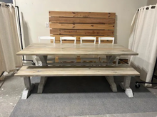 Load image into Gallery viewer, 7ft Dining Table Set - Farmhouse Trestle Style Base - Bench and Chair Options - Gray White Wash, Distressed Base - Coastal Kitchen Table Set
