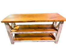 Load image into Gallery viewer, Rustic Farmhouse Buffet Table: Distressed White &amp; Gunstock Shelving

