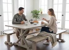 Load image into Gallery viewer, Farmhouse Trestle Table Set: Gray White Wash, Distressed White, Long Benches
