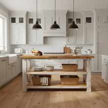 Load image into Gallery viewer, Rustic Farmhouse Buffet Table: Distressed White &amp; Gunstock Shelving
