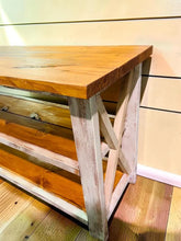 Load image into Gallery viewer, Rustic Farmhouse Buffet Table: Distressed White &amp; Gunstock Shelving
