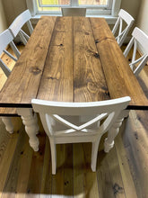 Load image into Gallery viewer, 6-Foot Table Set - Farmhouse Style with Turned Table Legs - Chairs and Bench Seating - White and Provincial Brown - Wooden Kitchen Table Set
