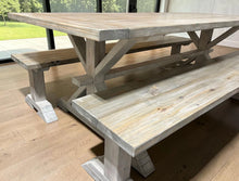 Load image into Gallery viewer, Farmhouse Trestle Table Set: Gray White Wash, Distressed White, Long Benches
