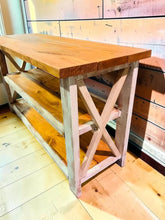 Load image into Gallery viewer, Rustic Farmhouse Buffet Table: Distressed White &amp; Gunstock Shelving
