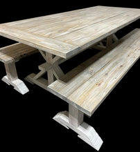 Load image into Gallery viewer, Farmhouse Trestle Table Set: Gray White Wash, Distressed White, Long Benches
