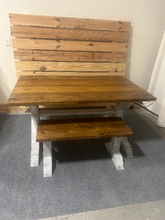 Load image into Gallery viewer, Rustic Farmhouse Pedestal Dining Set: Provincial Brown Stain, Antique White Distressed Base, Solid Wood, Bench Seating, Customizable
