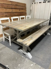 Load image into Gallery viewer, 7ft Dining Table Set - Farmhouse Trestle Style Base - Bench and Chair Options - Gray White Wash, Distressed Base - Coastal Kitchen Table Set
