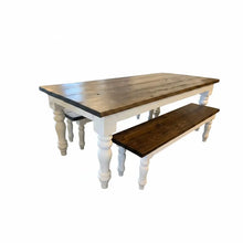 Load image into Gallery viewer, Handmade Chunky Leg Farmhouse Table with Benches: Dark Walnut &amp; Antique White Dining Set
