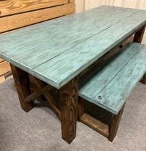 Load image into Gallery viewer, Narrow Farmhouse Dining Table - With Benches - Teal, Dark Walnut - Beach Décor Feel - Small Wooden Kitchen Table - X Design
