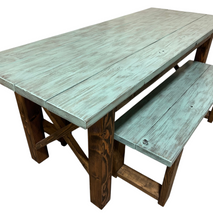 Load image into Gallery viewer, Narrow Farmhouse Dining Table - With Benches - Teal, Dark Walnut - Beach Décor Feel - Small Wooden Kitchen Table - X Design
