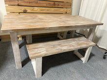 Load image into Gallery viewer, Farmhouse Table with Benches, Whitewash, Special Walnut, Distressed White, 6ft Dining Set, Wooden Kitchen Table
