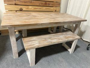 6ft Classic Farmhouse Table with Benches (White Wash Walnut, Distressed White)