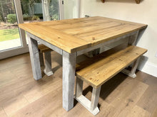 Load image into Gallery viewer, Farmhouse Dining Table with Benches and Chairs, Special Walnut, Dark Distressed Antique White, 5ft Kitchen Table Set
