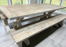 Load image into Gallery viewer, Farmhouse Trestle Table Set: Gray White Wash, Distressed White, Long Benches
