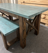 Load image into Gallery viewer, Narrow Farmhouse Dining Table - With Benches - Teal, Dark Walnut - Beach Décor Feel - Small Wooden Kitchen Table - X Design
