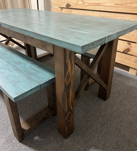 Narrow Farmhouse Dining Table - With Benches - Teal, Dark Walnut - Beach Décor Feel - Small Wooden Kitchen Table - X Design