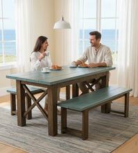 Load image into Gallery viewer, Narrow Farmhouse Dining Table - With Benches - Teal, Dark Walnut - Beach Décor Feel - Small Wooden Kitchen Table - X Design
