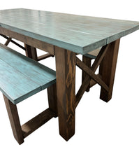 Load image into Gallery viewer, Narrow Farmhouse Dining Table - With Benches - Teal, Dark Walnut - Beach Décor Feel - Small Wooden Kitchen Table - X Design
