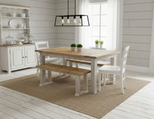 Load image into Gallery viewer, Farmhouse Dining Table with Benches and Chairs, Special Walnut, Dark Distressed Antique White, 5ft Kitchen Table Set
