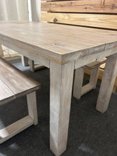 Load image into Gallery viewer, Farmhouse Table with Benches, Whitewash, Special Walnut, Distressed White, 6ft Dining Set, Wooden Kitchen Table
