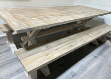 Load image into Gallery viewer, Farmhouse Trestle Table Set: Gray White Wash, Distressed White, Long Benches
