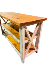 Load image into Gallery viewer, Rustic Farmhouse Buffet Table: Distressed White &amp; Gunstock Shelving
