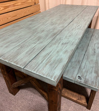 Load image into Gallery viewer, Narrow Farmhouse Dining Table - With Benches - Teal, Dark Walnut - Beach Décor Feel - Small Wooden Kitchen Table - X Design

