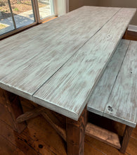 Load image into Gallery viewer, Narrow Farmhouse Dining Table - With Benches - Teal, Dark Walnut - Beach Décor Feel - Small Wooden Kitchen Table - X Design
