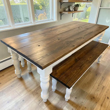 Load image into Gallery viewer, Handmade Chunky Leg Farmhouse Table with Benches: Dark Walnut &amp; Antique White Dining Set
