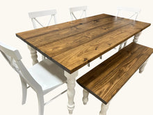 Load image into Gallery viewer, 6-Foot Table Set - Farmhouse Style with Turned Table Legs - Chairs and Bench Seating - White and Provincial Brown - Wooden Kitchen Table Set
