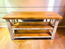 Load image into Gallery viewer, Rustic Farmhouse Buffet Table: Distressed White &amp; Gunstock Shelving
